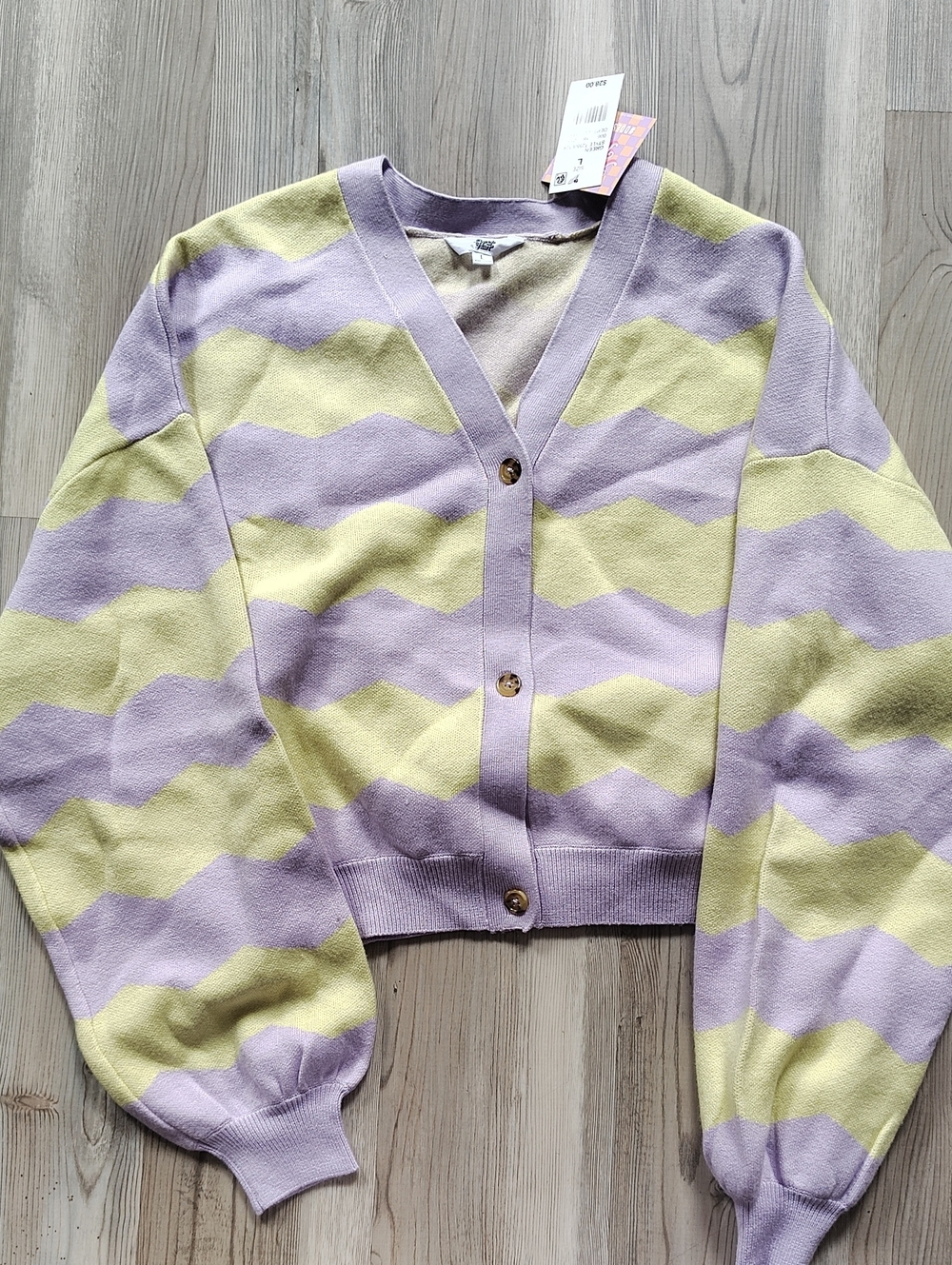 V-Neck Wave Stripe Cardigan in Lavender & Light Yellow
